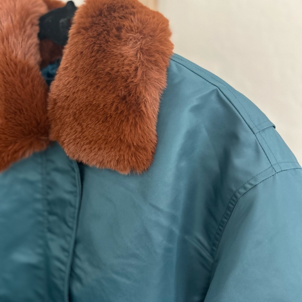 Anthropologie Blank‎ NYC Faux Fur Collar Bomber Jacket Teal Full Zip Small NWT - Picture 6 of 13